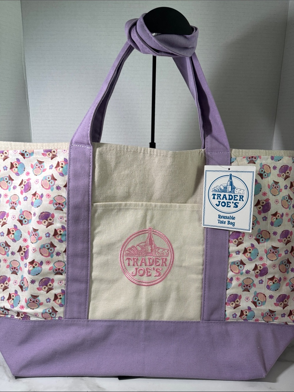 New Trader Joe’s Large Lavender Canvas Tote Bag with Custom Side Pockets - Picture 3 of 17